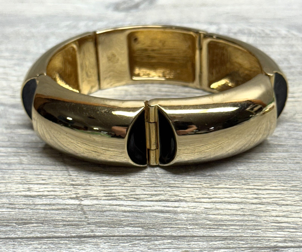 Late 90s RLL Ralph Lauren Chunky Gold Plate Hinged Link Bracelet Black Enamel